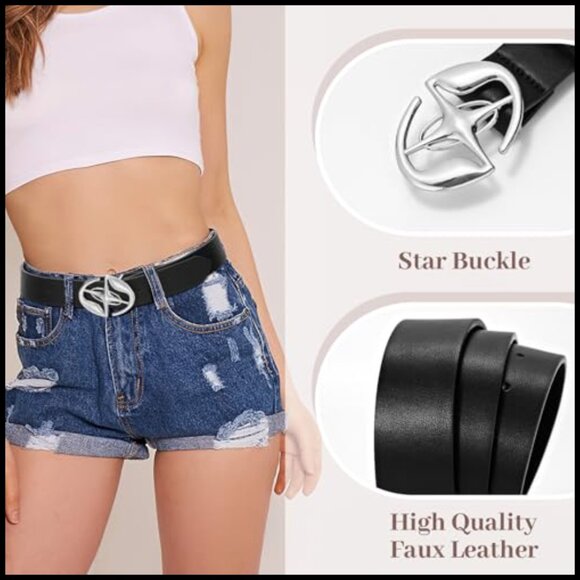 Leather Belt with Star Buckle, Cross Design, Western Style main image 7